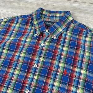 VTG Ralph Lauren Shirt Mens XL Bright Blue Green Check Plaid Linen Blend Dress